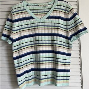 Cotton Cherokee Stripes White/Aqua/Blues XL Short Sleeve Sweater season change